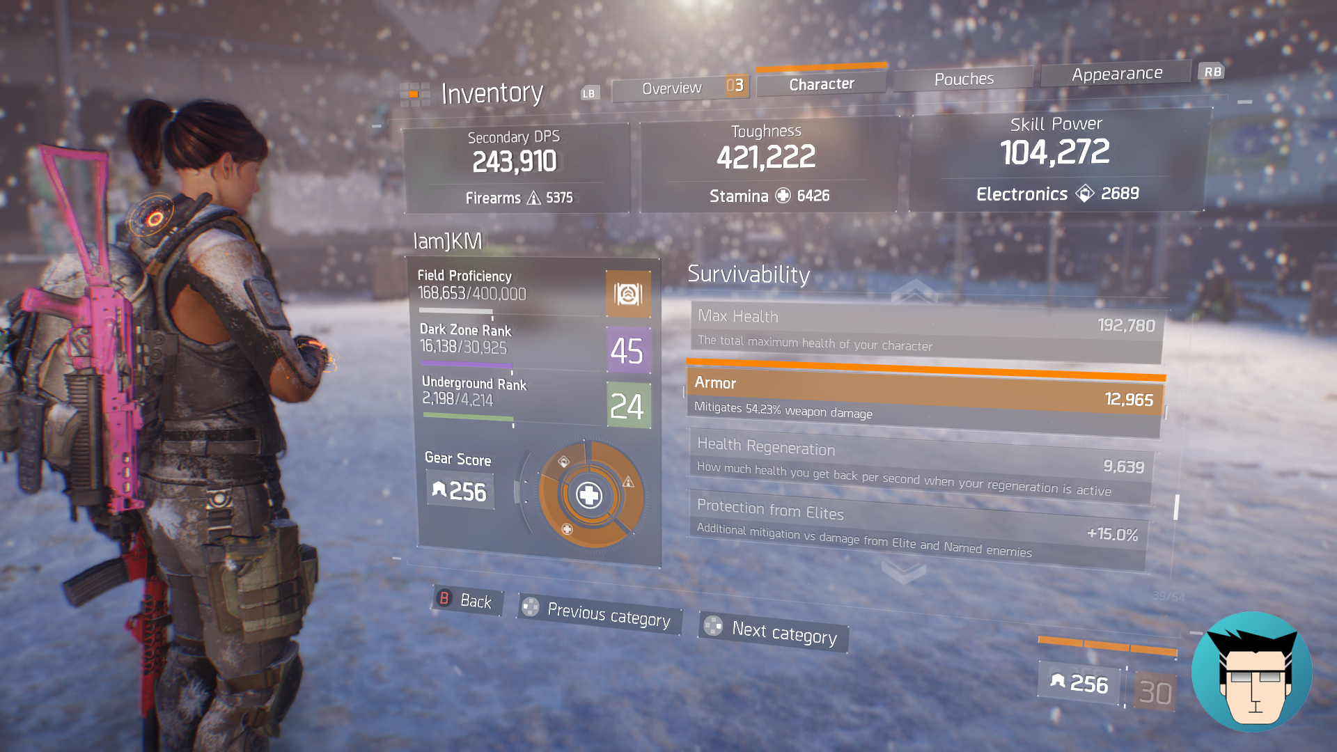 Character Sheet | Armor Mitigation at 54.23%, Buffed with Pulse: Tactical Scanner