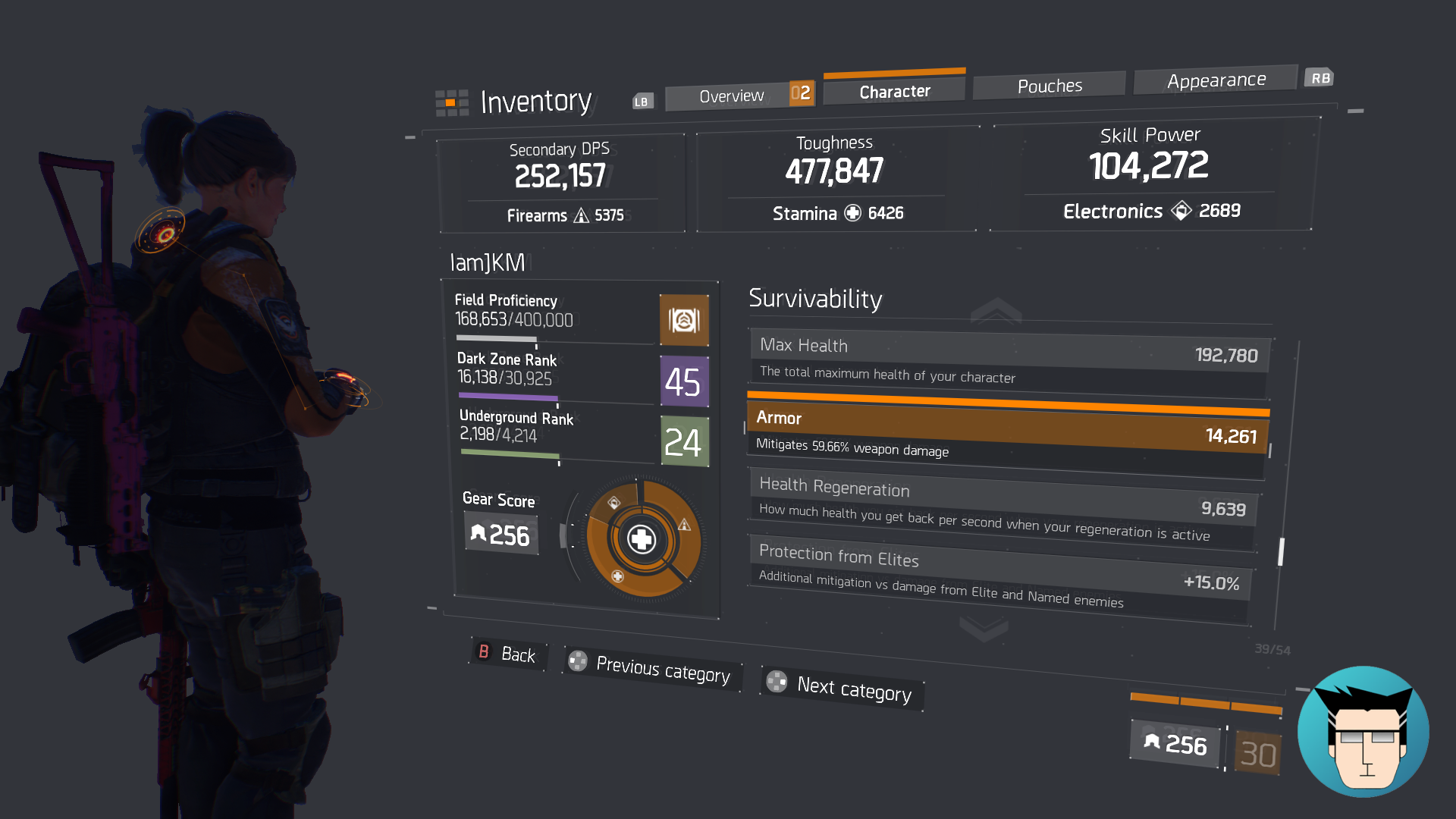 Character Sheet | Armor Mitigation at 59.66%, 2 skills on cooldown